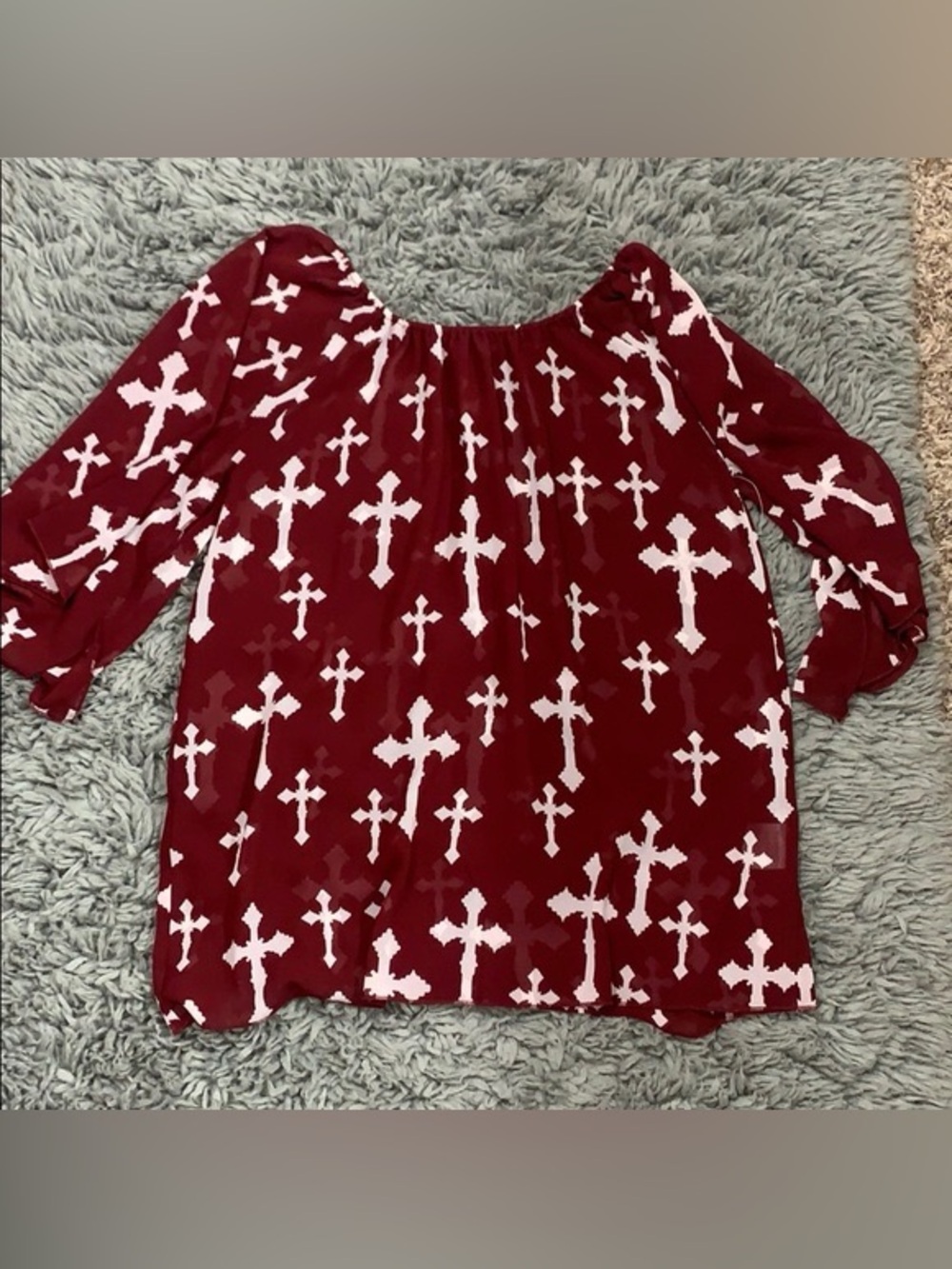 Cowgirl Hardware Blouse Womens Size S Burgundy & White Sheer Cross Design